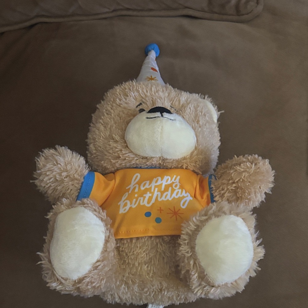 Hallmark Tan happy birthday Teddy Bear wearing a hat and tshirt